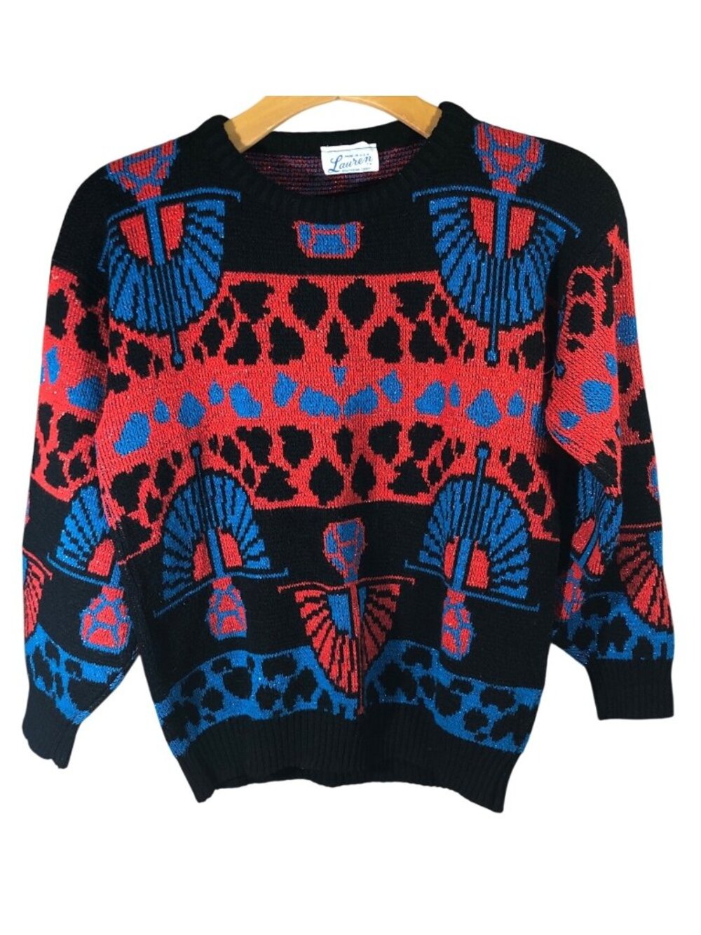 Vintage Lauren Knitwear Sweater Womens M 80s Red Blue Geometric Egyptian USA Shi